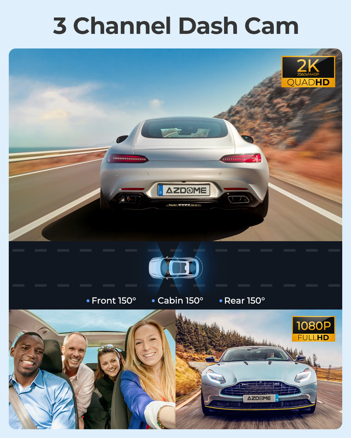 AZDOME M550 3 Channel Dash Cam with 4K WiFi , 2.5K+1080P+2.5K Free 64GB Card, Built-in GPS 24H Parking Mode IR Night Vision WDR 3.19" IPS, Max up Support to 256GB, Easy to Install