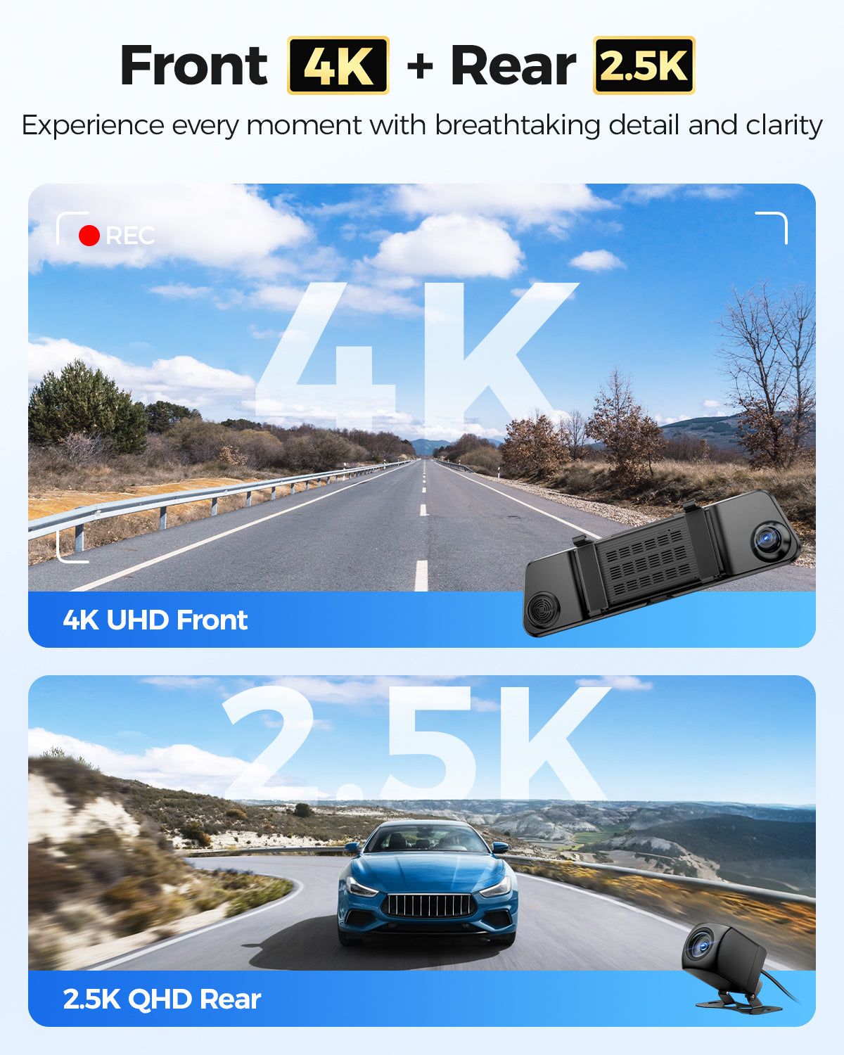 AZDOME Mirror Dash Cam PG17 Max 4K+2.5K with ADAS, BSD and LCA, 12" Rear View Mirror Camera