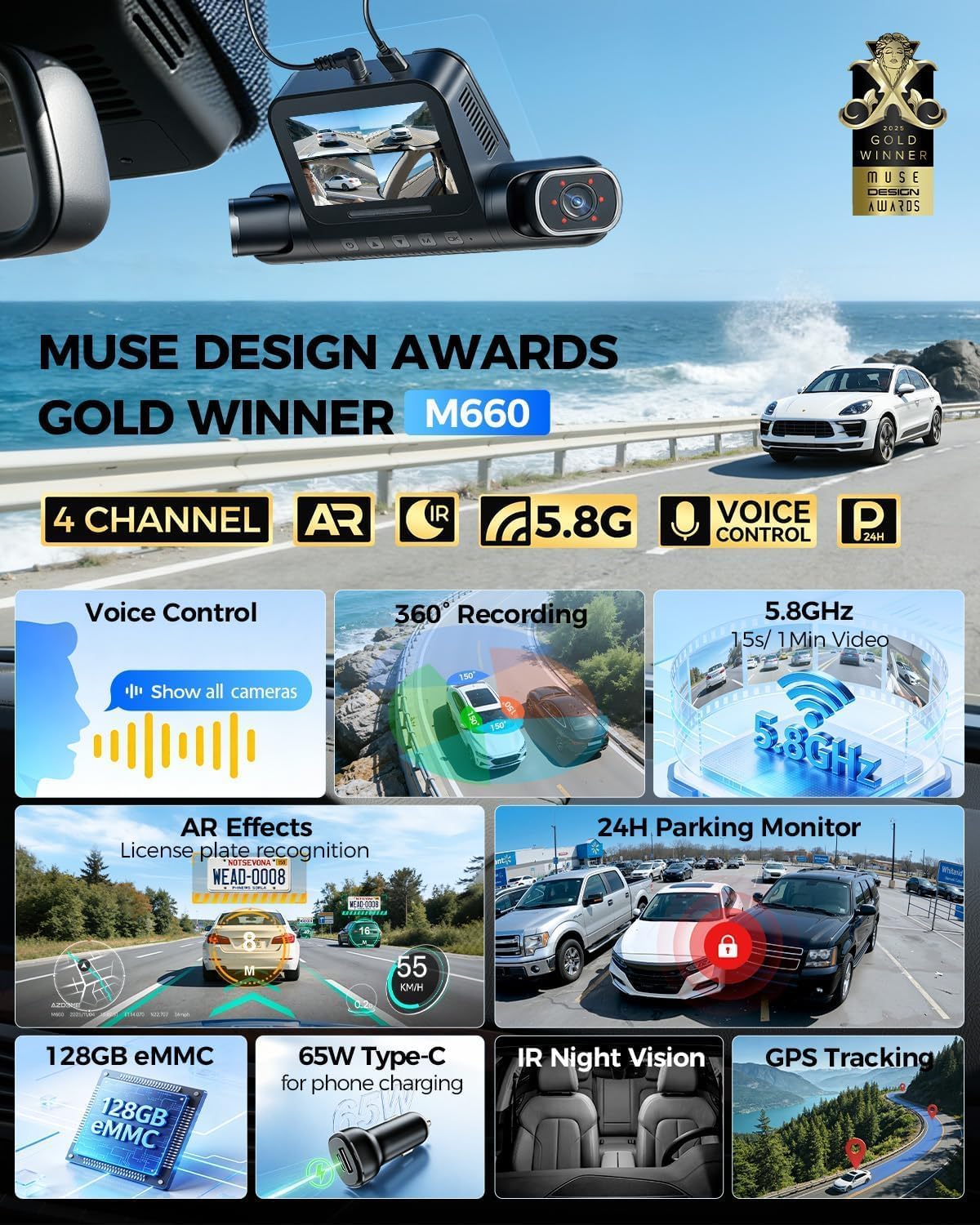 AZDOME S40 (M660) 4-Channel 4K Dash Cam | Front+Left+Right+Rear Recording | 3” IPS | 5G WiFi GPS | Voice Control | Parking Mode