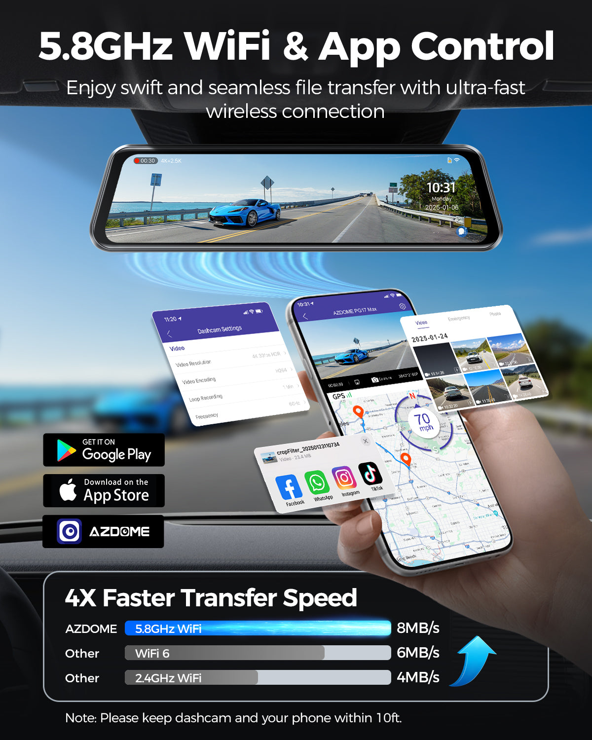 AZDOME Mirror Dash Cam PG17 Max 4K+2.5K with ADAS, BSD and LCA, 12" Rear View Mirror Camera