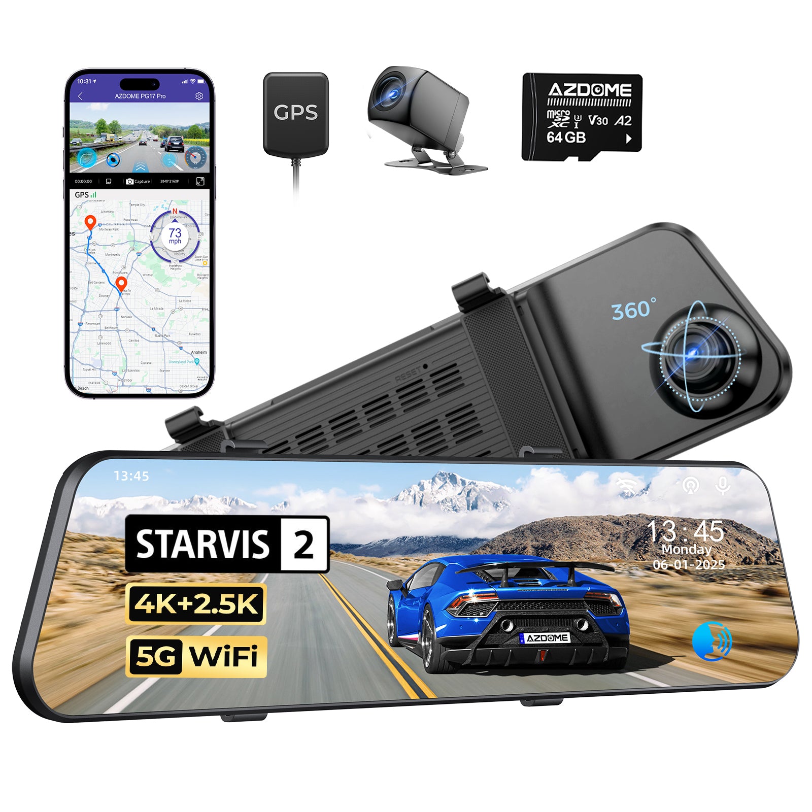 AZDOME PG17 Pro Mirror Dash Cam with STARVIS 2 IMX678, Front 4K and Rear 2.5K, Included 64GB Card, Voice Control, 5.8GHz WiFi