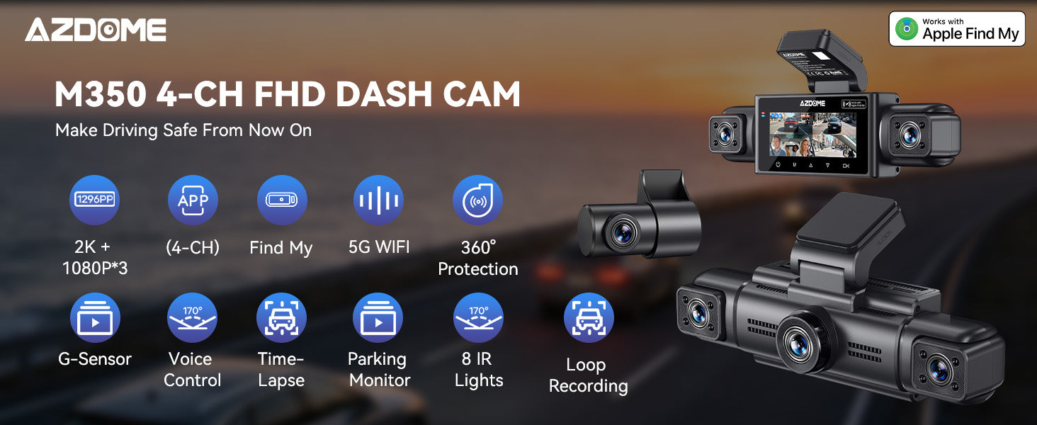 Azdome M350 4-Ch FHD Dash Cam with features listed on a dark background