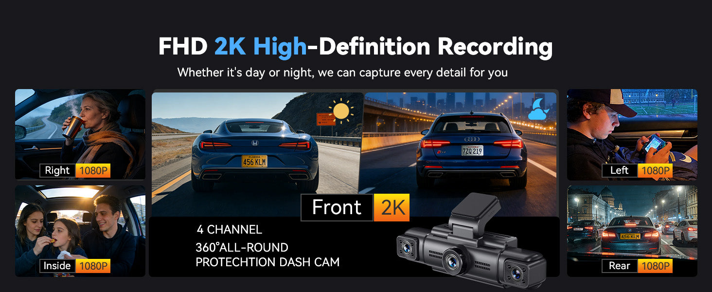 Dash cam with 2K high-definition recording capabilities, showing multiple views of a car.