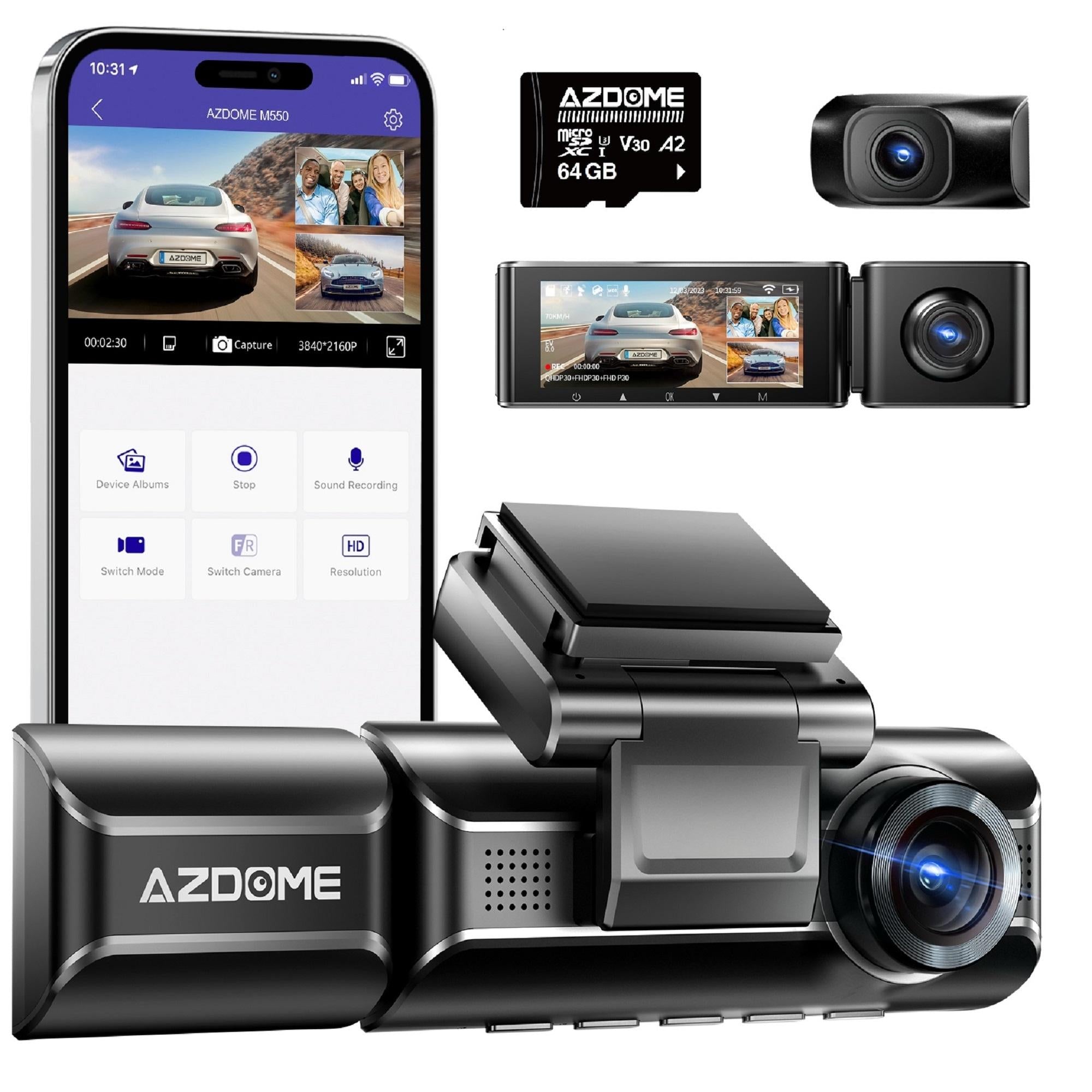 AZDOME M550 3 Channel Dash Cam with 4K WiFi , 2.5K+1080P+2.5K Free 64GB Card, Built-in GPS 24H Parking Mode IR Night Vision WDR 3.19" IPS, Max up Support to 256GB, Easy to Install