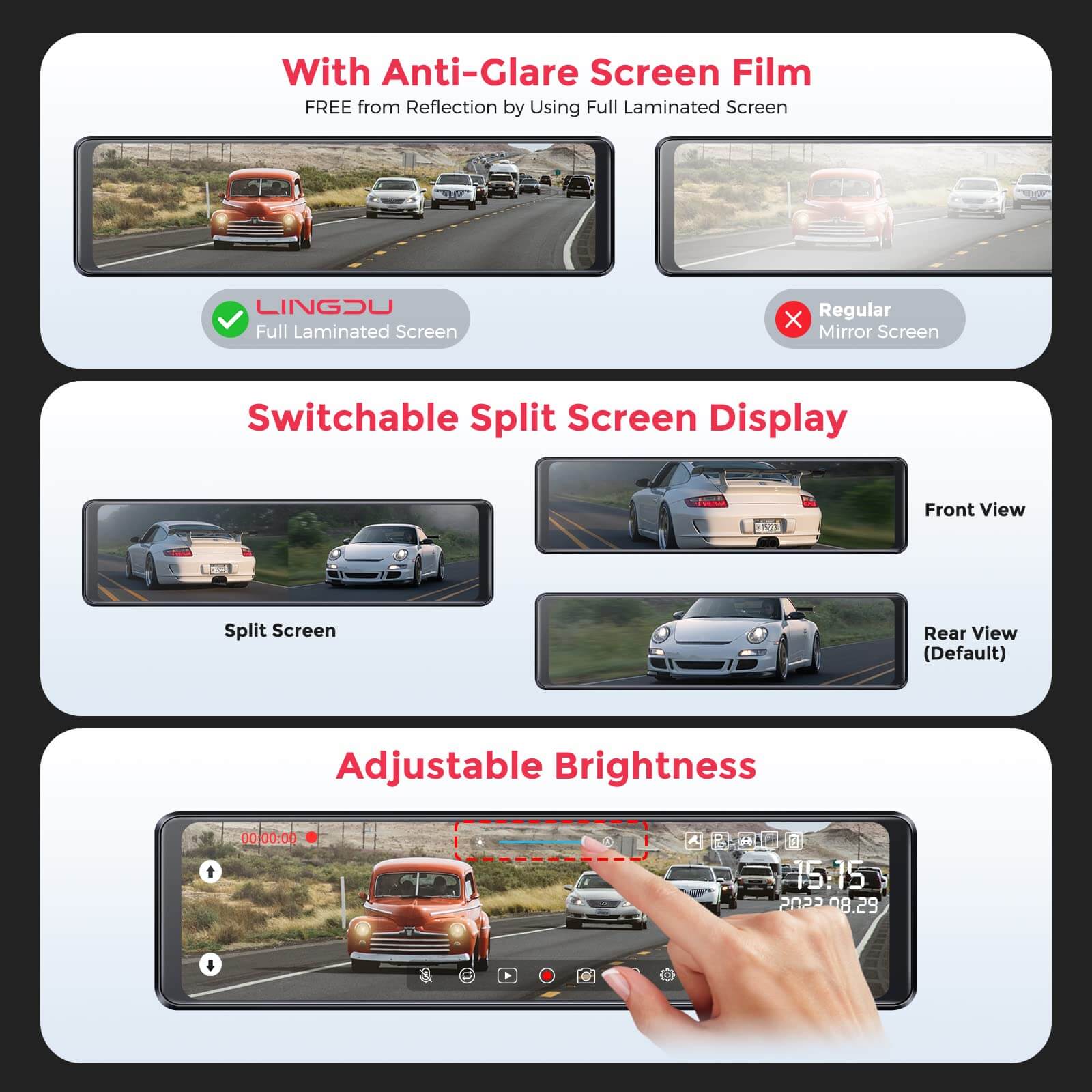 LINGDU LD03 2CH Mirror Dash Cam FHD 1080P with 12" Touch Screen Super Night Vision