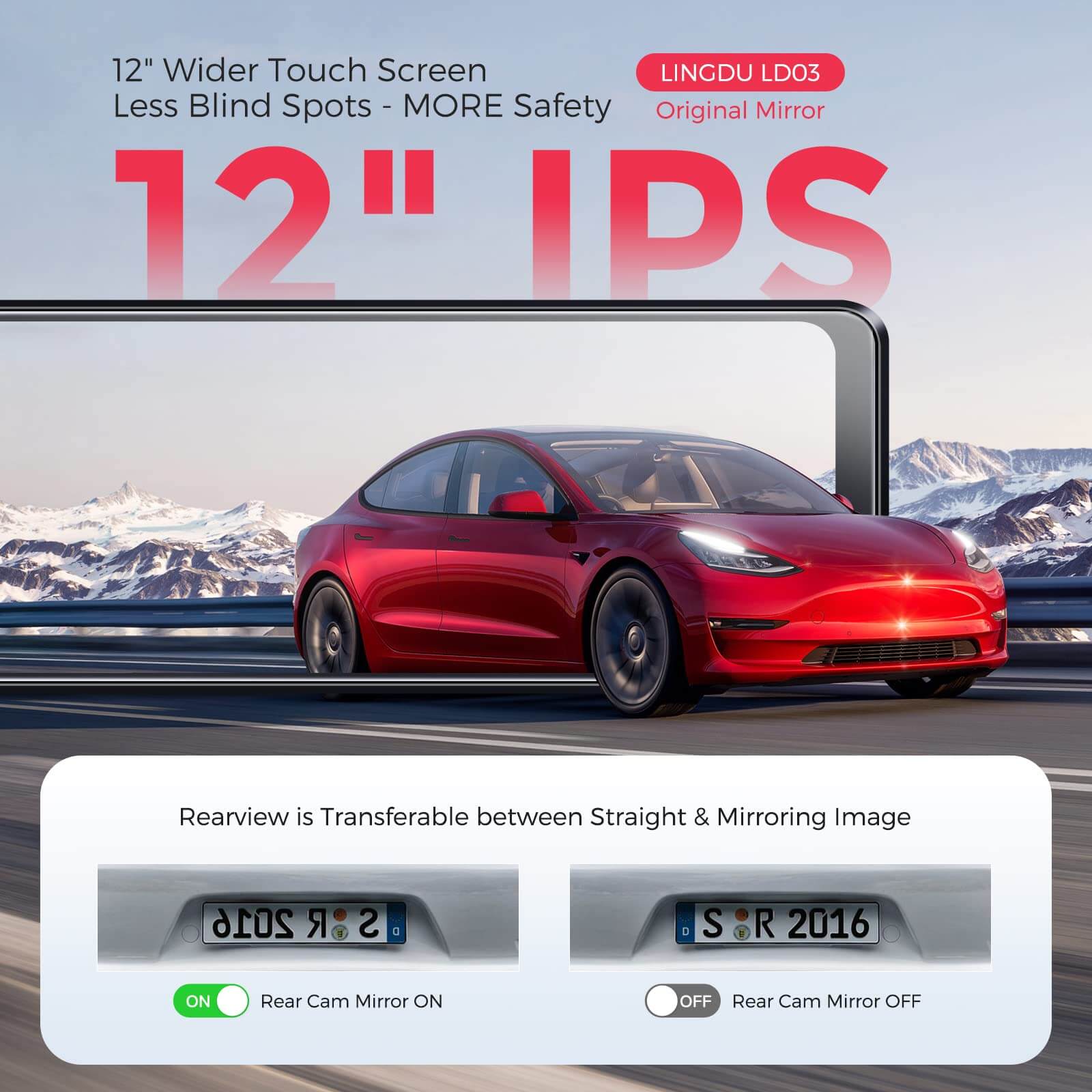 LINGDU LD03 2CH Mirror Dash Cam FHD 1080P with 12" Touch Screen Super Night Vision