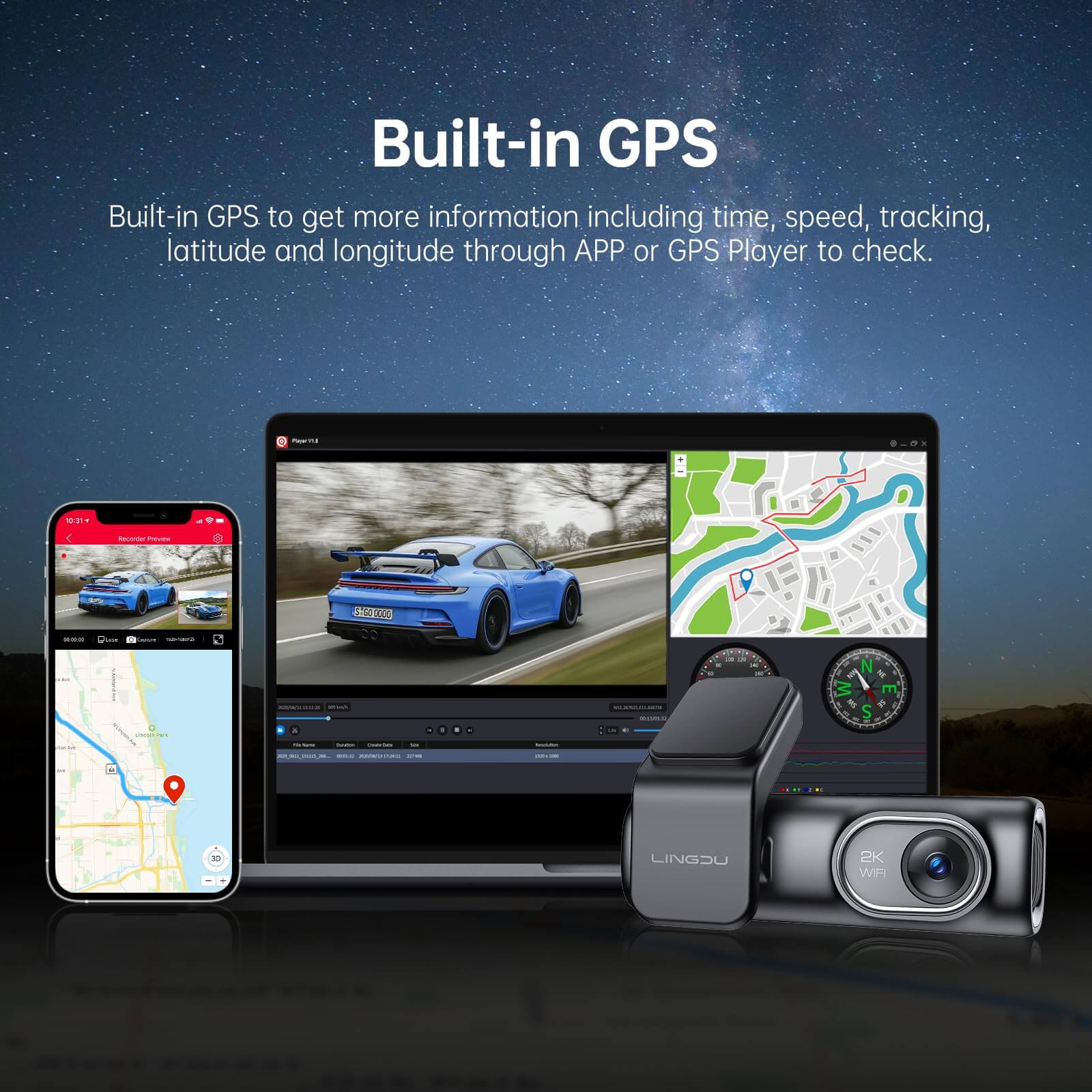 LINGDU D200 2CH Dash Cam 2K with 0.96" Screen Voice Control 24H Parking Mode
