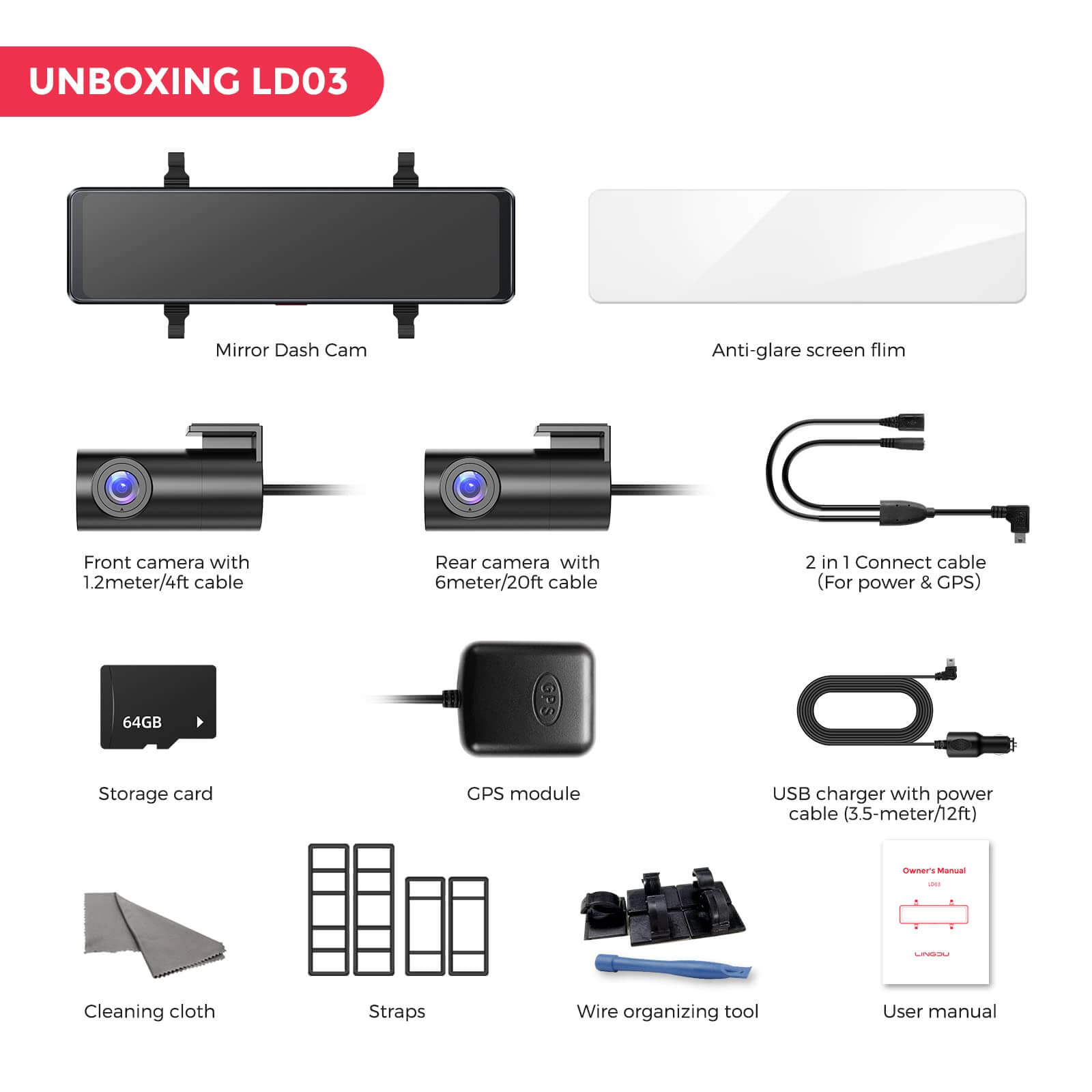 LINGDU LD03 2CH Mirror Dash Cam FHD 1080P with 12" Touch Screen Super Night Vision