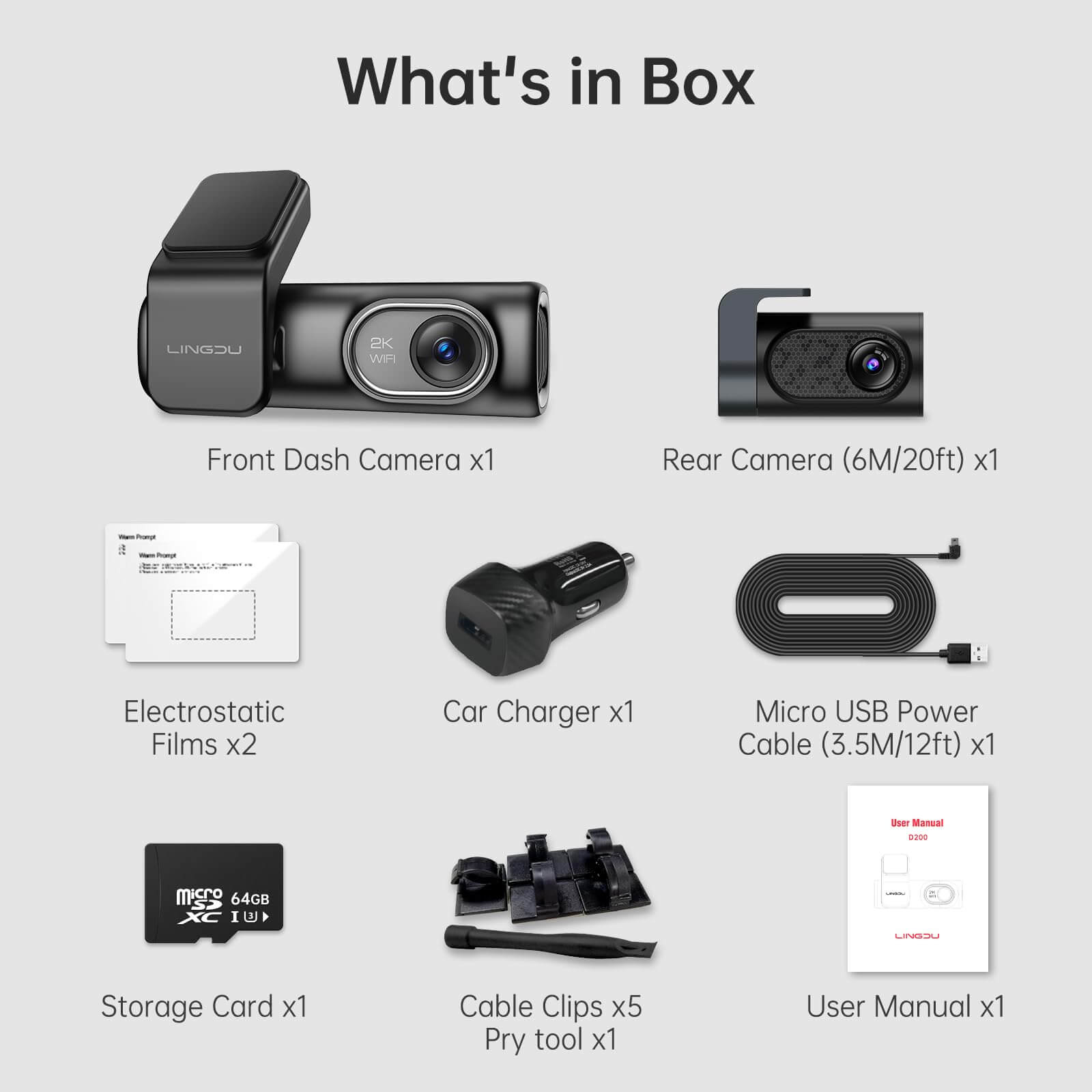 LINGDU D200 2CH Dash Cam 2K with 0.96" Screen Voice Control 24H Parking Mode