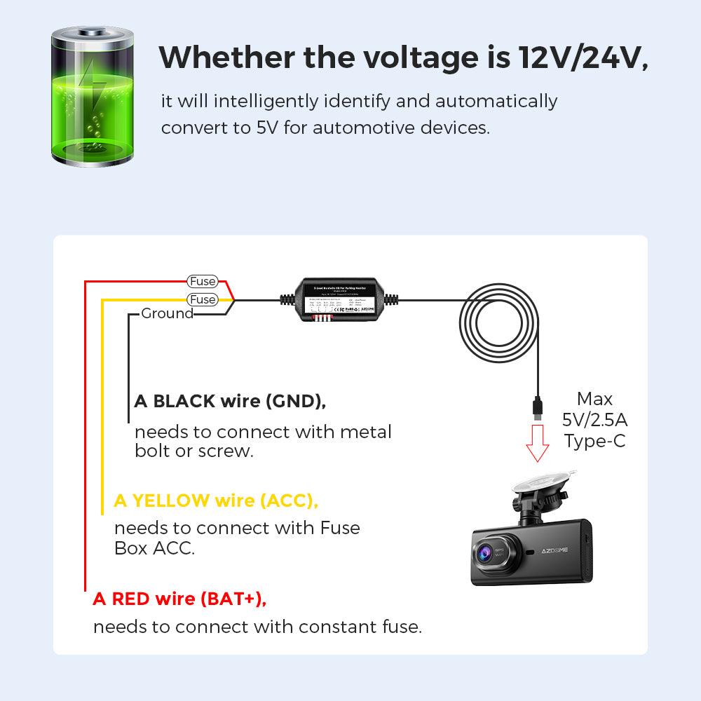 AZDOME JYX05 3 - Lead Hardwire Kit | Type - C | 24H Parking Mode & Battery Protection - AZDOME Official Stores