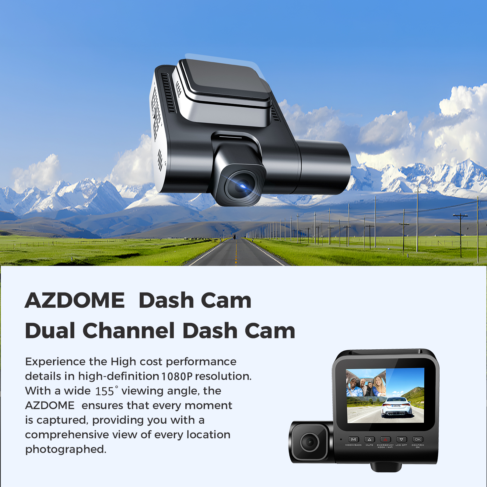 AZDOME V600 Dual Dash Cam Front and Rear, 1080P FHD Dashboard Camera, 2.4" IPS Screen Dashcam, Waterproof Backup Camera Night Vision, 24H Parking Monitor, G-Sensor Wide Angle Dual Lens Dashcam - AZDOME Official Stores