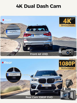 Arpha D24 4K Dash Cam Front and Rear 4K/1080P, Free 64GB Card, Built-in 5G WiFi GPS, 3'' Touch Screen Voice Control Car Camera, WDR Night Vision, Parking Mode G-Sensor Loop Recording