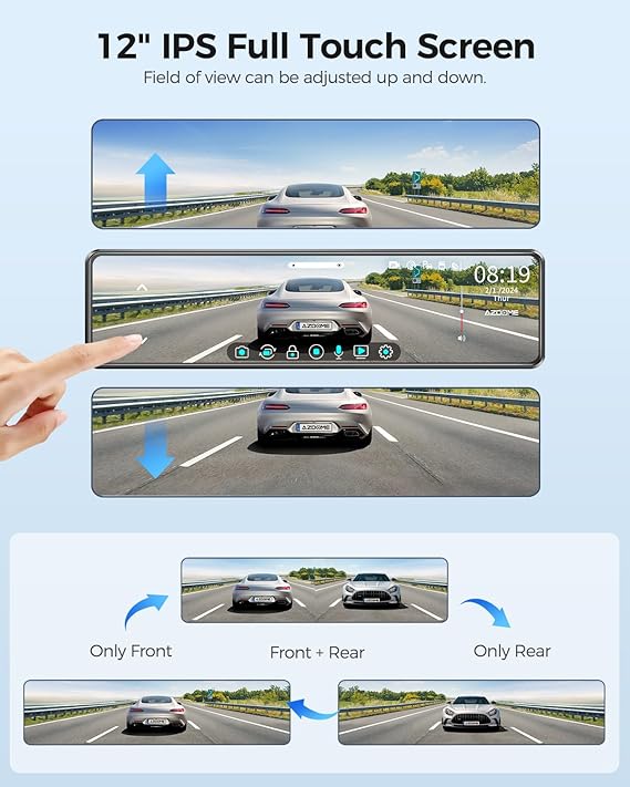 AZDOME PG18S 2CH Mirror Dash Cam 4K with 12" Touch Screen WDR Night Vision Parking Assistance - AZDOME Official Stores
