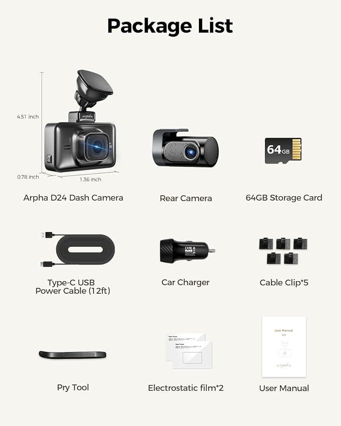 Arpha D24 2CH Dash Cam 4K with Smart Voice Control 3'' Touch Screen - AZDOME Official Stores
