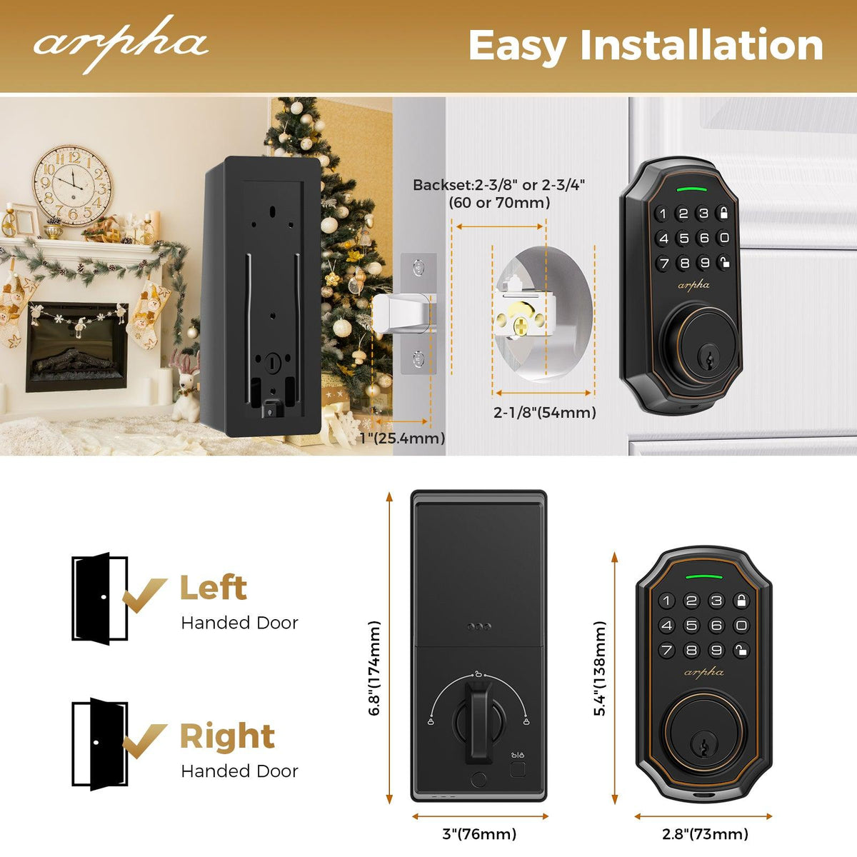 Arpha Keyless Entry Door Lock with 50 Codes, Electronic Keypad Deadbol