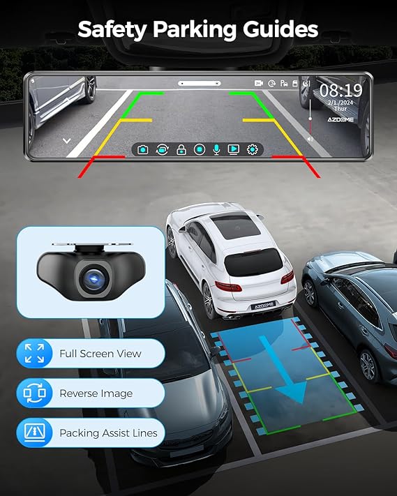 AZDOME PG18S 2CH Mirror Dash Cam 4K with 12" Touch Screen WDR Night Vision Parking Assistance - AZDOME Official Stores