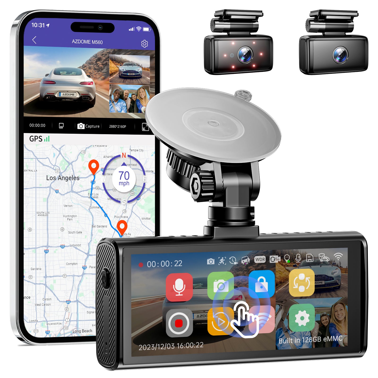 AZDOME M560 3 Channel 4K Dash Cam, 4 IPS Touchscreen Built-in