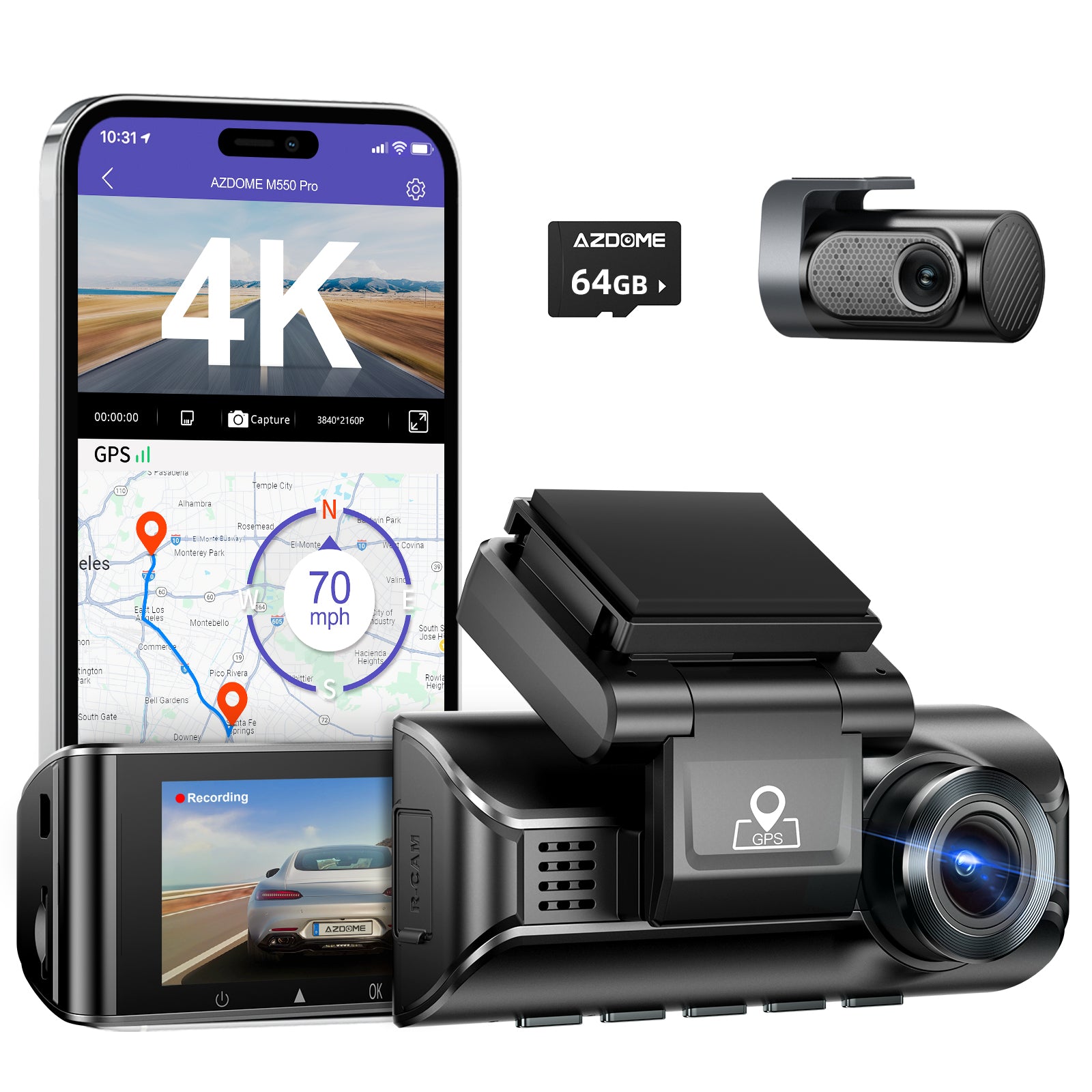 AZDOME M550 Pro(2CH) 4K 5G WiFi Dash Cam Front and Rear, 3.19 IPS