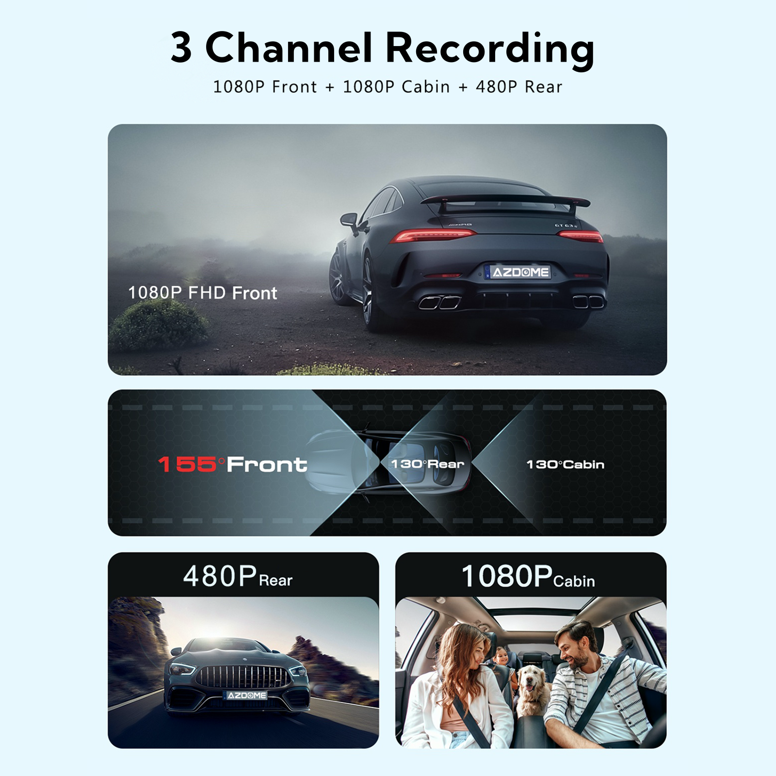 AZDOME V600 3 Channels Dash Cam Front Rear and Inside, 1080P FHD Dashboard Camera, 2.4" IPS Screen Dashcam, Waterproof Backup Camera Night Vision, 24H Parking Monitor, G-Sensor Wide Angle Dual Lens Dashcam - AZDOME Official Stores