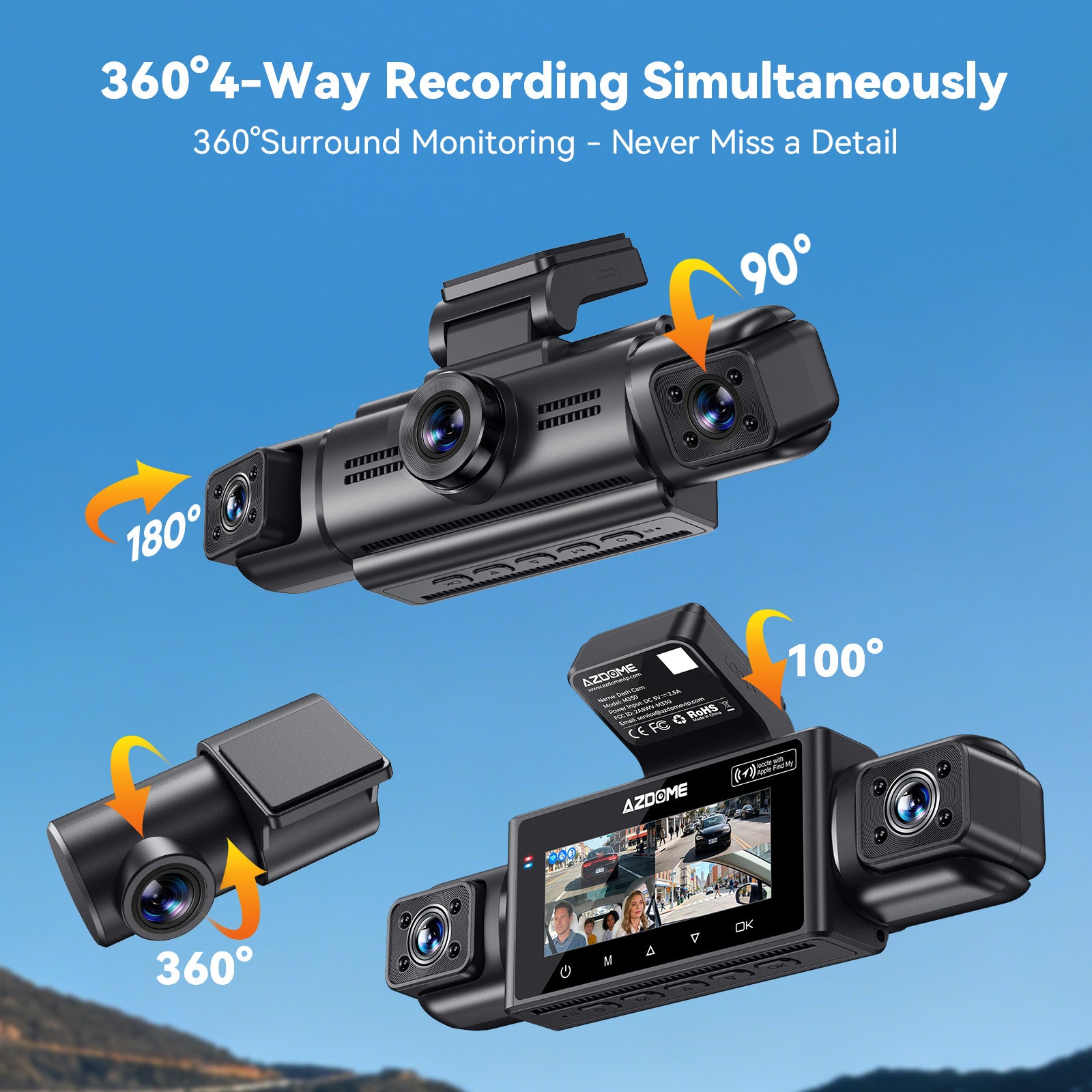AZDOME M350 3/4‑Channel Dash Cam | 2K Front + 1080P x3 | 5G WiFi GPS | Voice Control | IR Night Vision