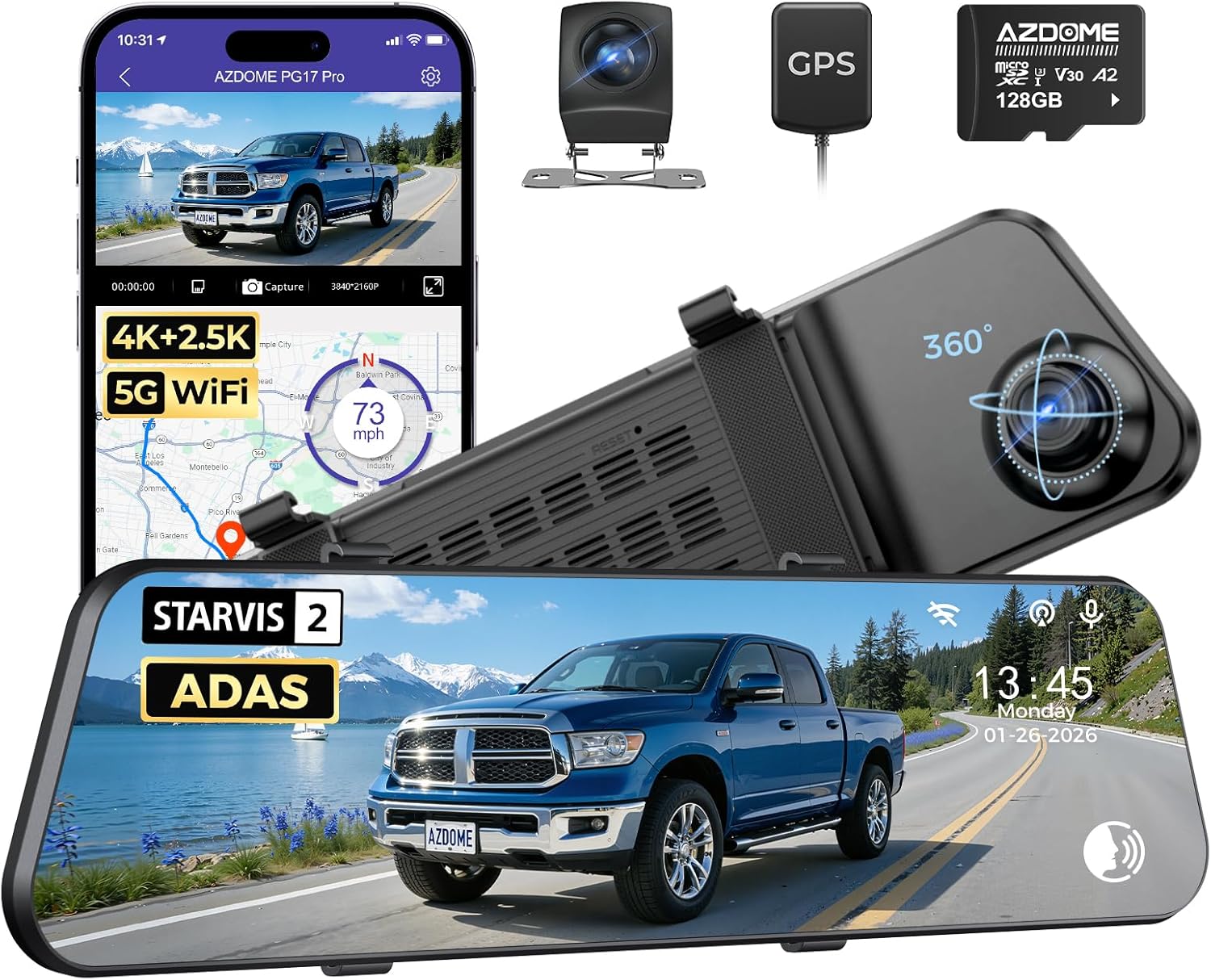 AZDOME PG17 Pro STARVIS 2 Mirror Dash Cam Front and Rear with IMX678, ADAS 12" Rear View Mirror Camera, 4K+ 2.5K Dual HDR Dash Camera for Cars, 5.8GHz WiFi Car Camera with 128GB Card Voice Control GPS Visit the AZDOME Store