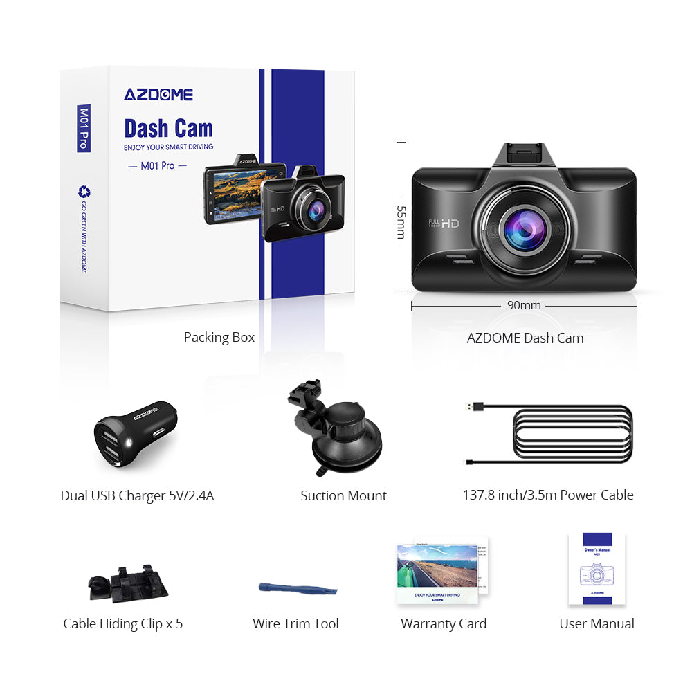 AZDOME M01 Pro 2CH Dash Cam 1080P with ADAS 3" Screen 24H Parking Mode - AZDOME Official Stores