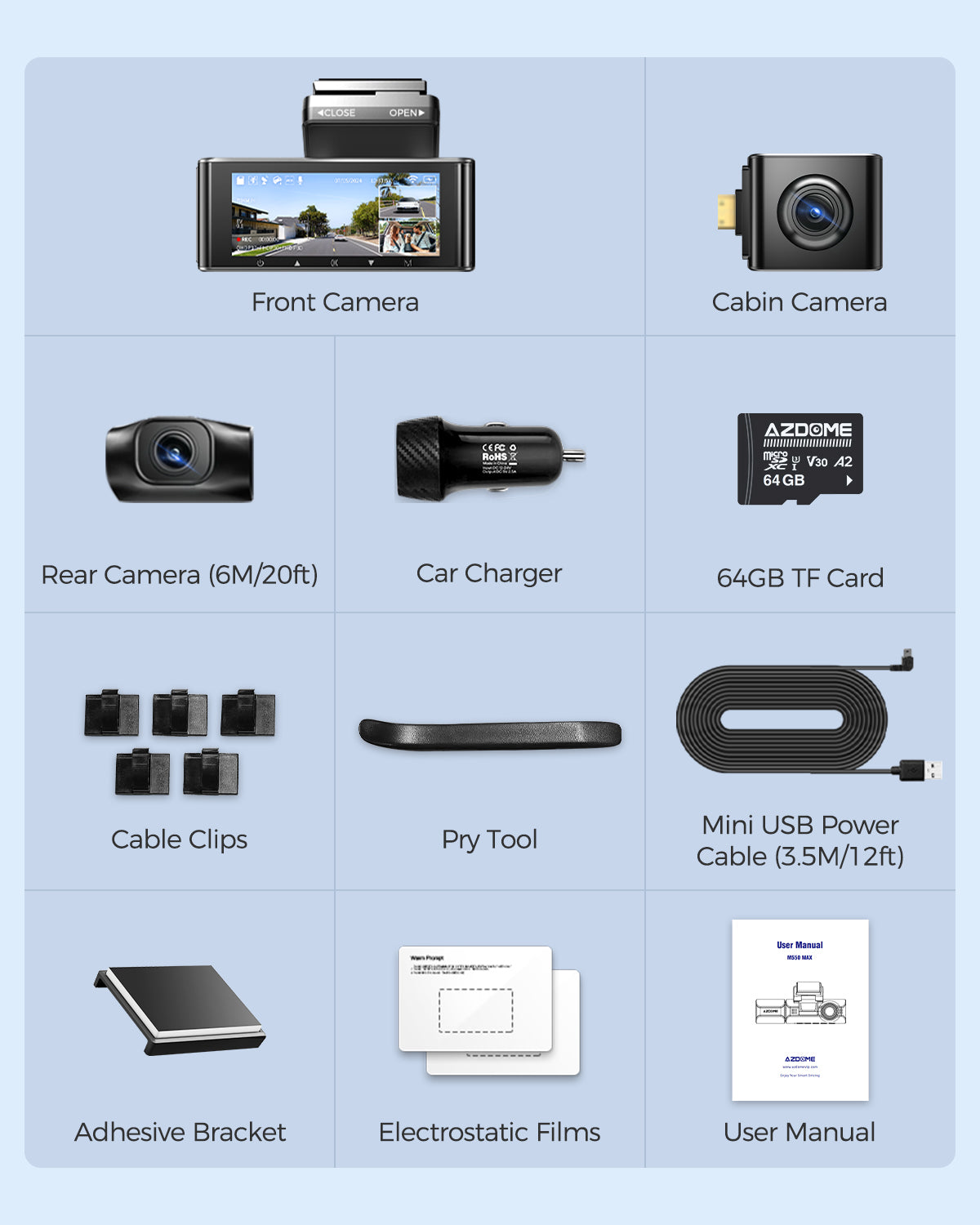 AZDOME M550 Max 3 Channel Dash Cam 4K WiFi , Resolution Supports up to 4k+1080P+2.5k, Built-in GPS 24H Parking Mode IR Night Vision WDR 3.19" IPS, Max to 256GB