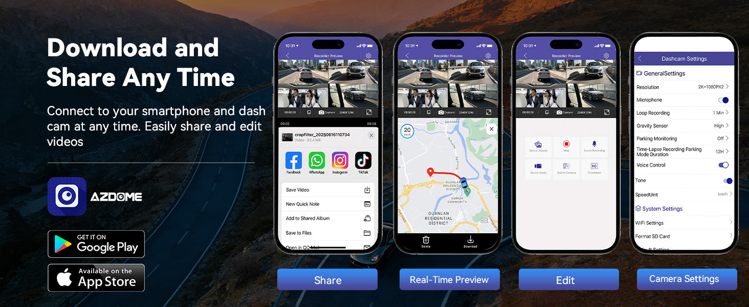 AZDOME M350 3/4‑Channel Dash Cam | 2K Front + 1080P x3 | 5G WiFi GPS | Voice Control | IR Night Vision