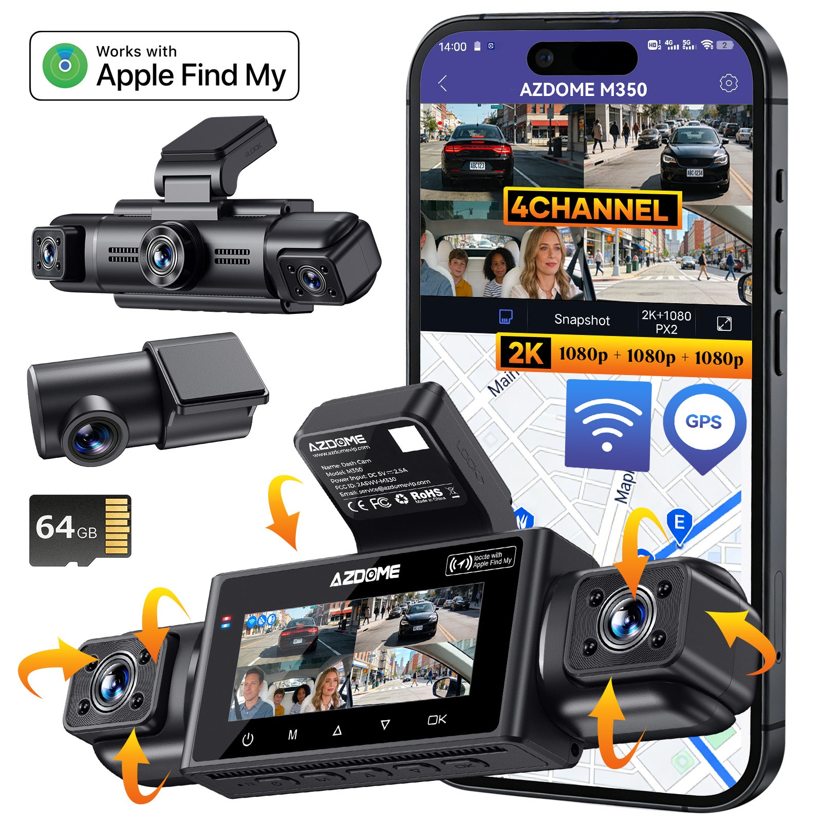AZDOME M350 4-channel dashboard camera system with smartphone app display, 64GB microSD card, and multiple camera angles.