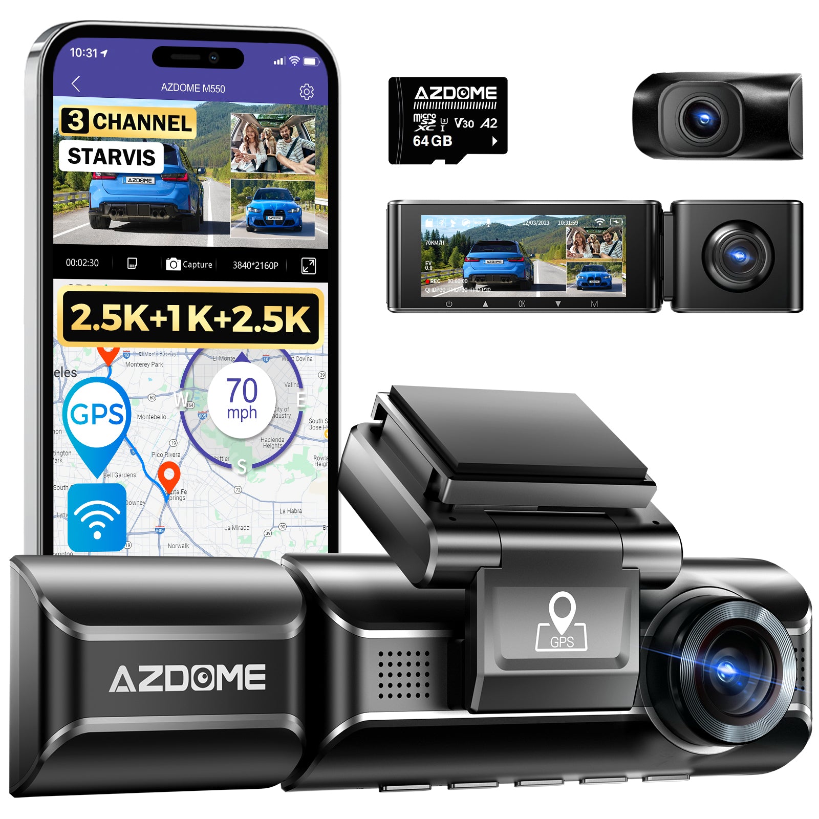 AZDOME M550 3CH Dash Cam with GPS&WiFi  Free 64G SD Card