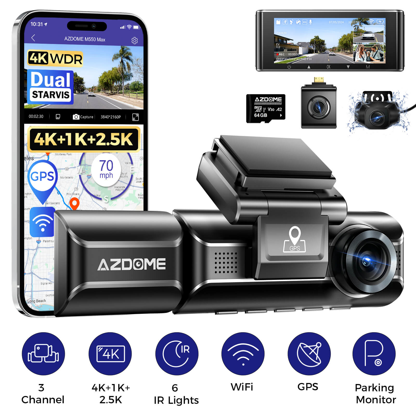 AZDOME M550 Max 4K 3 Channel Dash Cam