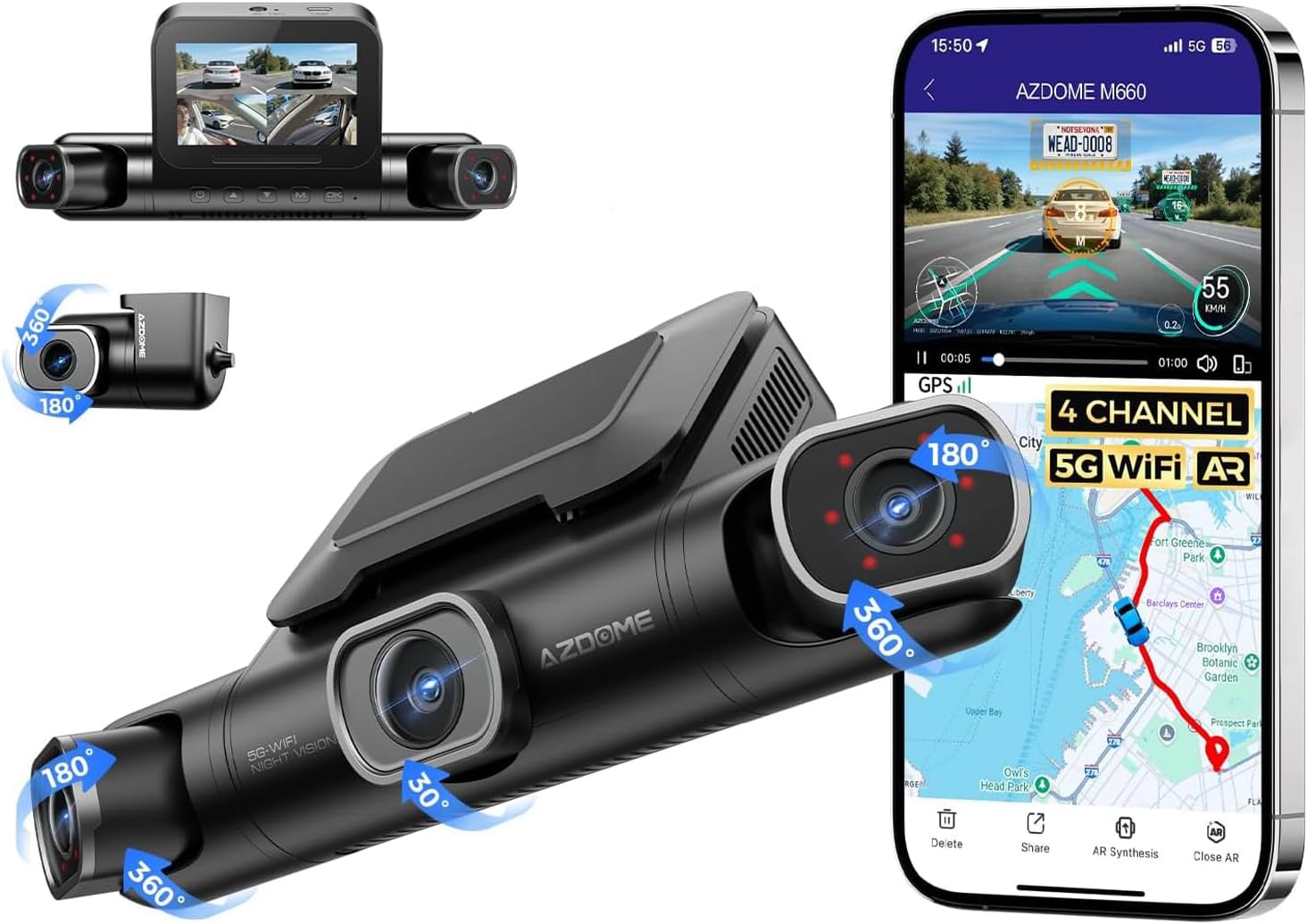 Car dashboard camera with multiple cameras and smartphone displaying app interface.