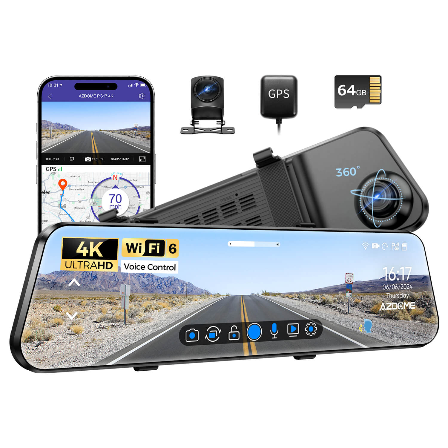 AZDOME PG17 4K Mirror Dash Cam with WiFi6& Voice Control 