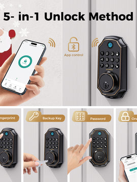 Arpha Fingerprint Door Lock with APP Control: 5-in-1 Biometric Smart Lock, Bluetooth Keyless Entry Deadbolt, Electronic Deadbolt Lock for Front Door, Easy Installation IP54 Waterproof, Zinc Black