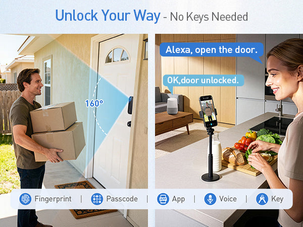Smart door unlocking system with a man delivering packages and a woman using voice commands.