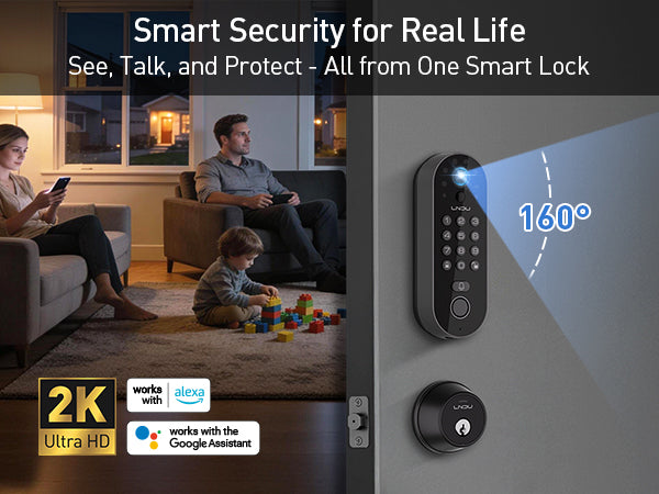 Smart lock with 160-degree view and family using smart devices in a living room.