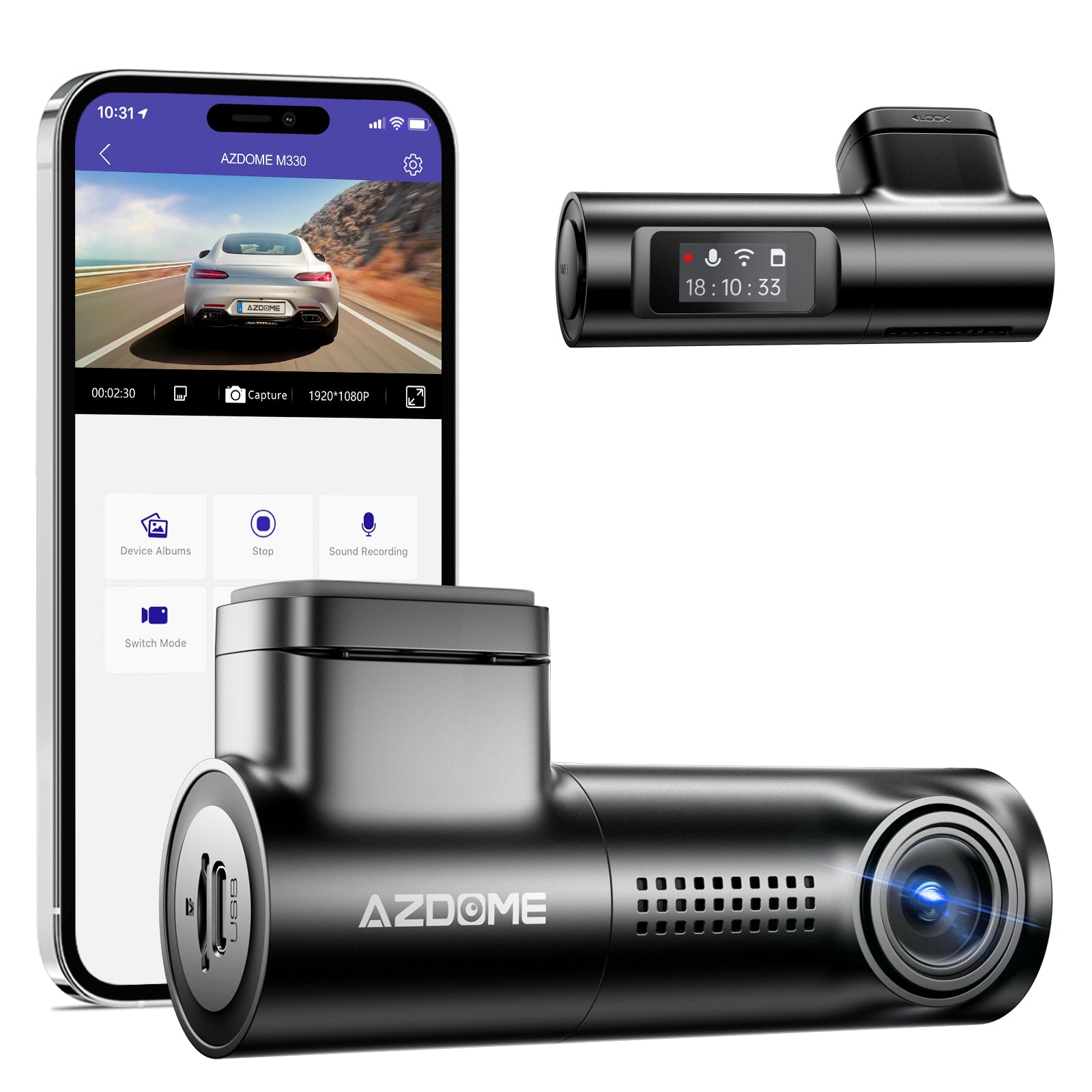 AZDOME M330 1080P FHD Dash Cam, Built-in WiFi Dashcams for Cars