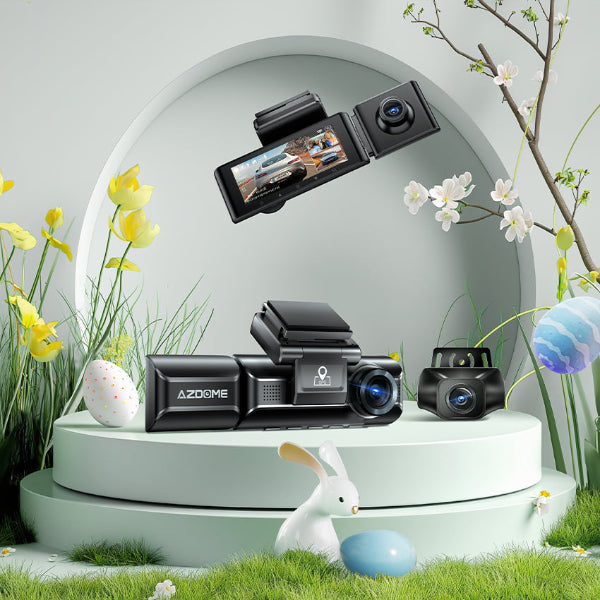 AZDOME M550 3CH Dash Cam 4K with 3.19 inch screen, displayed in a setting with artificial grass, flowers, and a rabbit decoration.