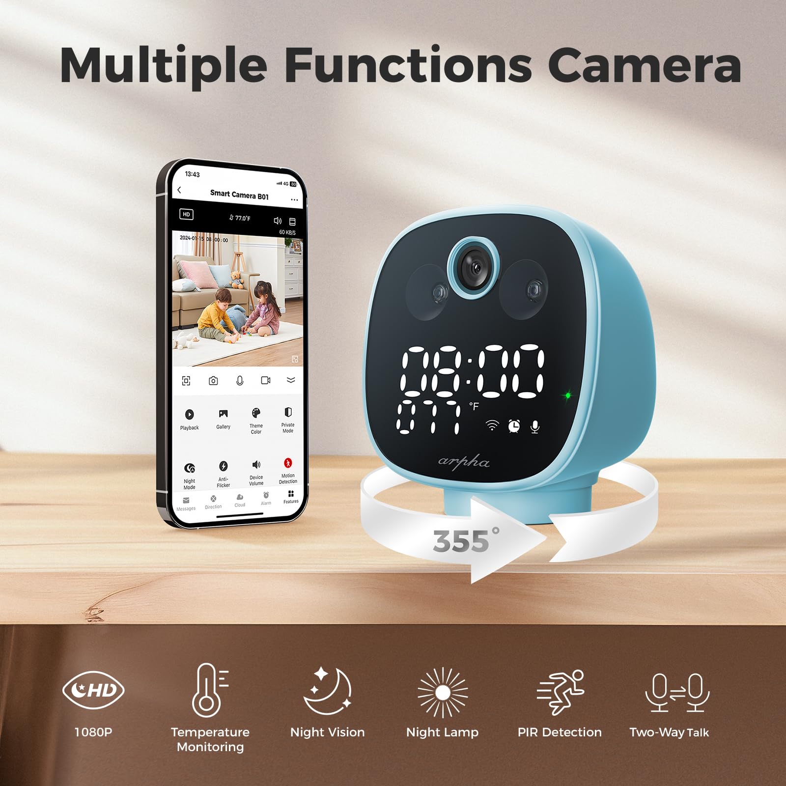 ARPHA Nanny-Cam 1080P Smart Baby Monitor | 355° Pan & Tilt | Temp Monitoring & One-Touch Call