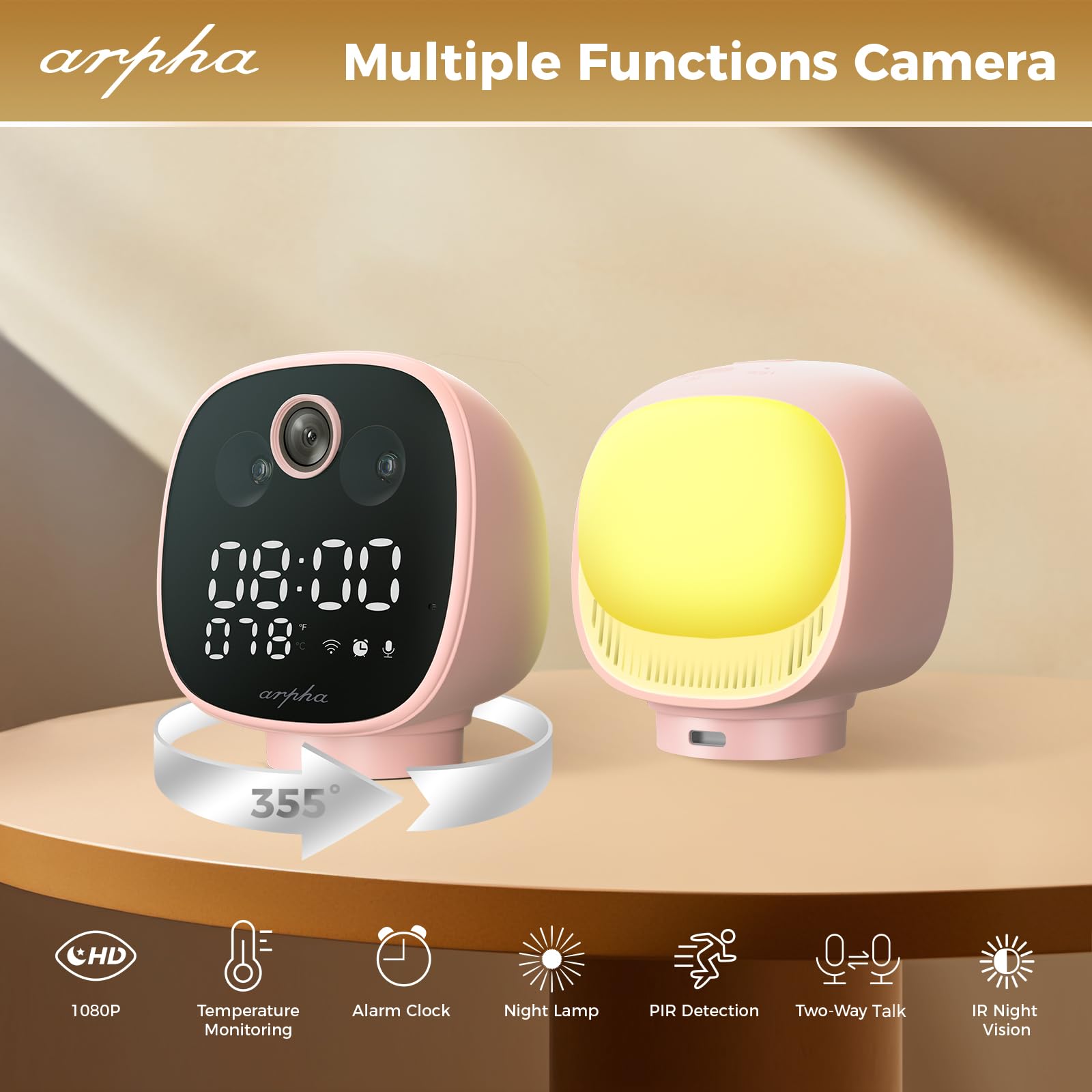 ARPHA Nanny-Cam 1080P Smart Baby Monitor | 355° Pan & Tilt | Temp Monitoring & One-Touch Call