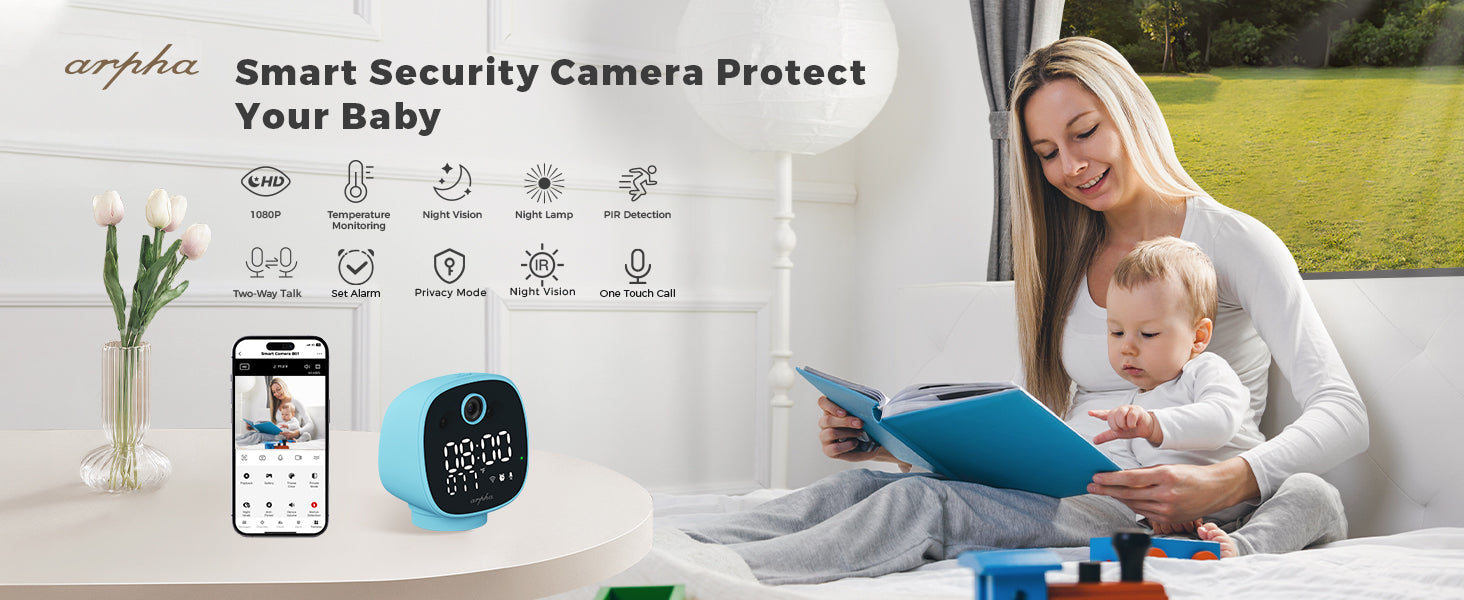 ARPHA Nanny-Cam 1080P Smart Baby Monitor | 355° Pan & Tilt | Temp Monitoring & One-Touch Call