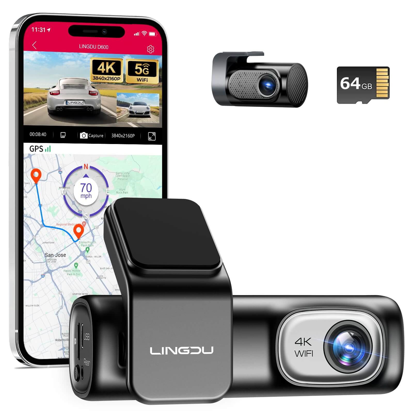 LINGDU D600 2CH Dash Cam 4K with 0.96" Screen Voice Control 24H Parking Mode - AZDOME Official Stores