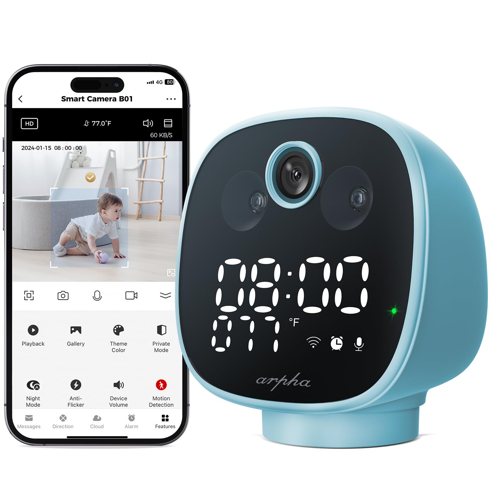 ARPHA Nanny-Cam 1080P Smart Baby Monitor | 355° Pan & Tilt | Temp Monitoring & One-Touch Call