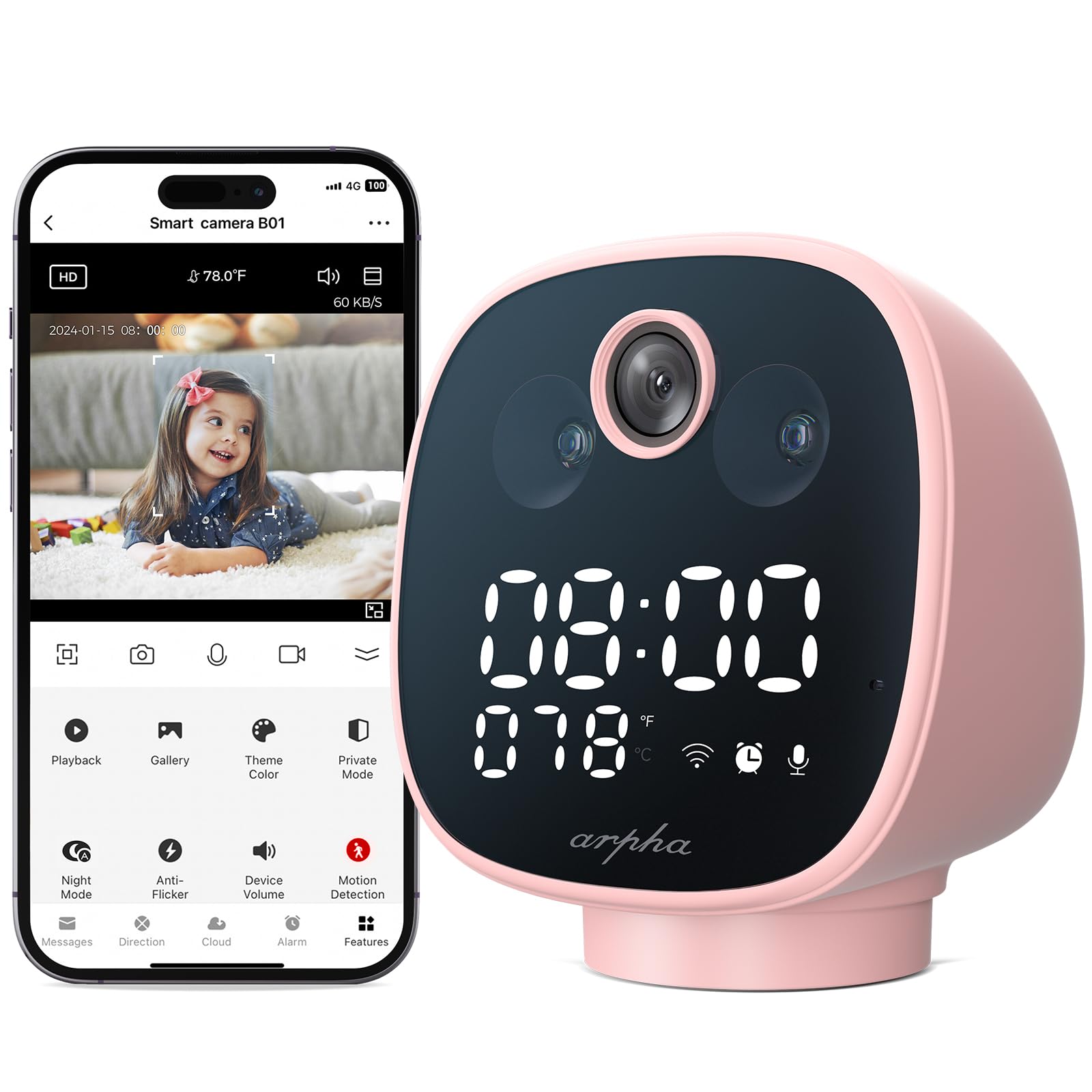 ARPHA Nanny-Cam 1080P Smart Baby Monitor | 355° Pan & Tilt | Temp Monitoring & One-Touch Call