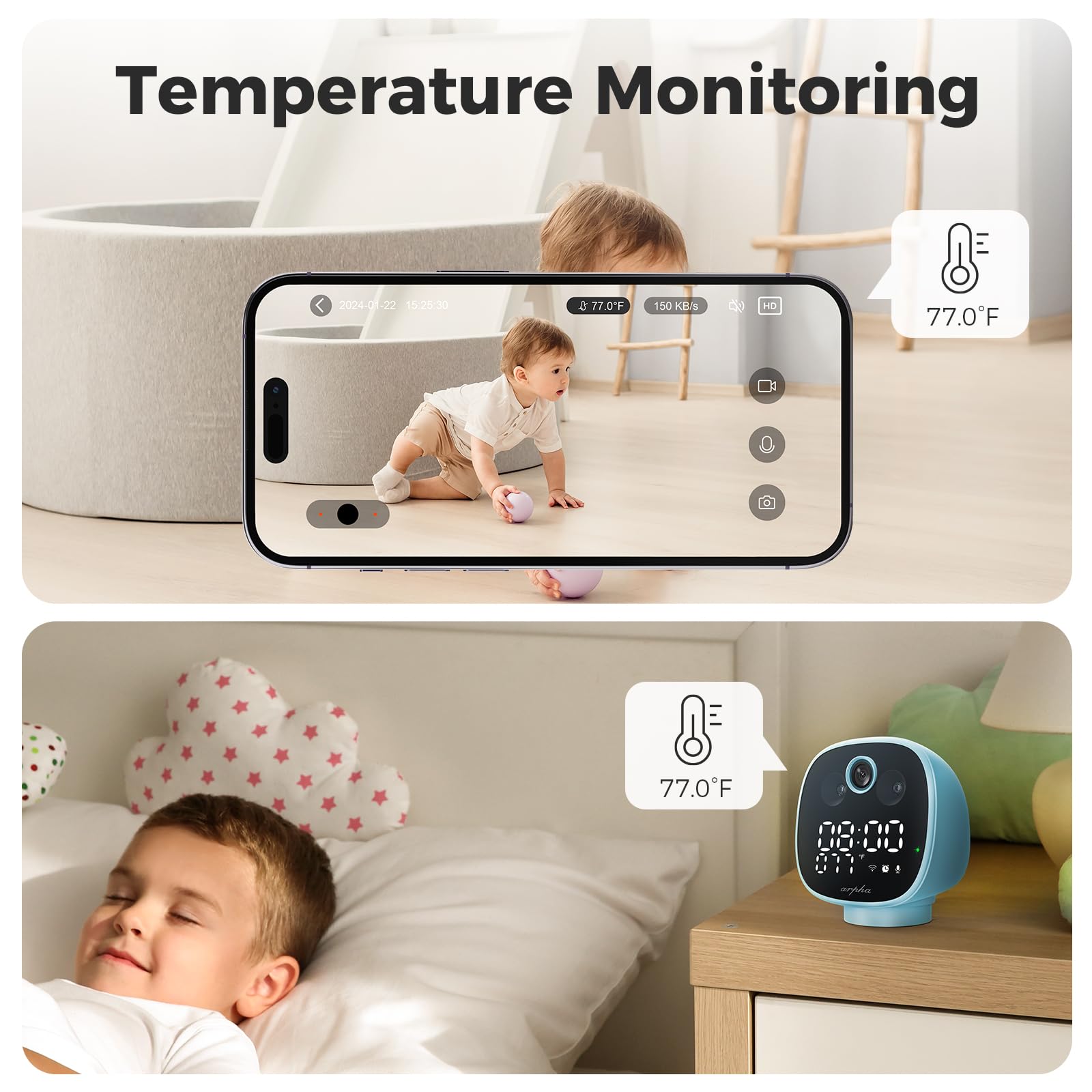 ARPHA Nanny-Cam 1080P Smart Baby Monitor | 355° Pan & Tilt | Temp Monitoring & One-Touch Call