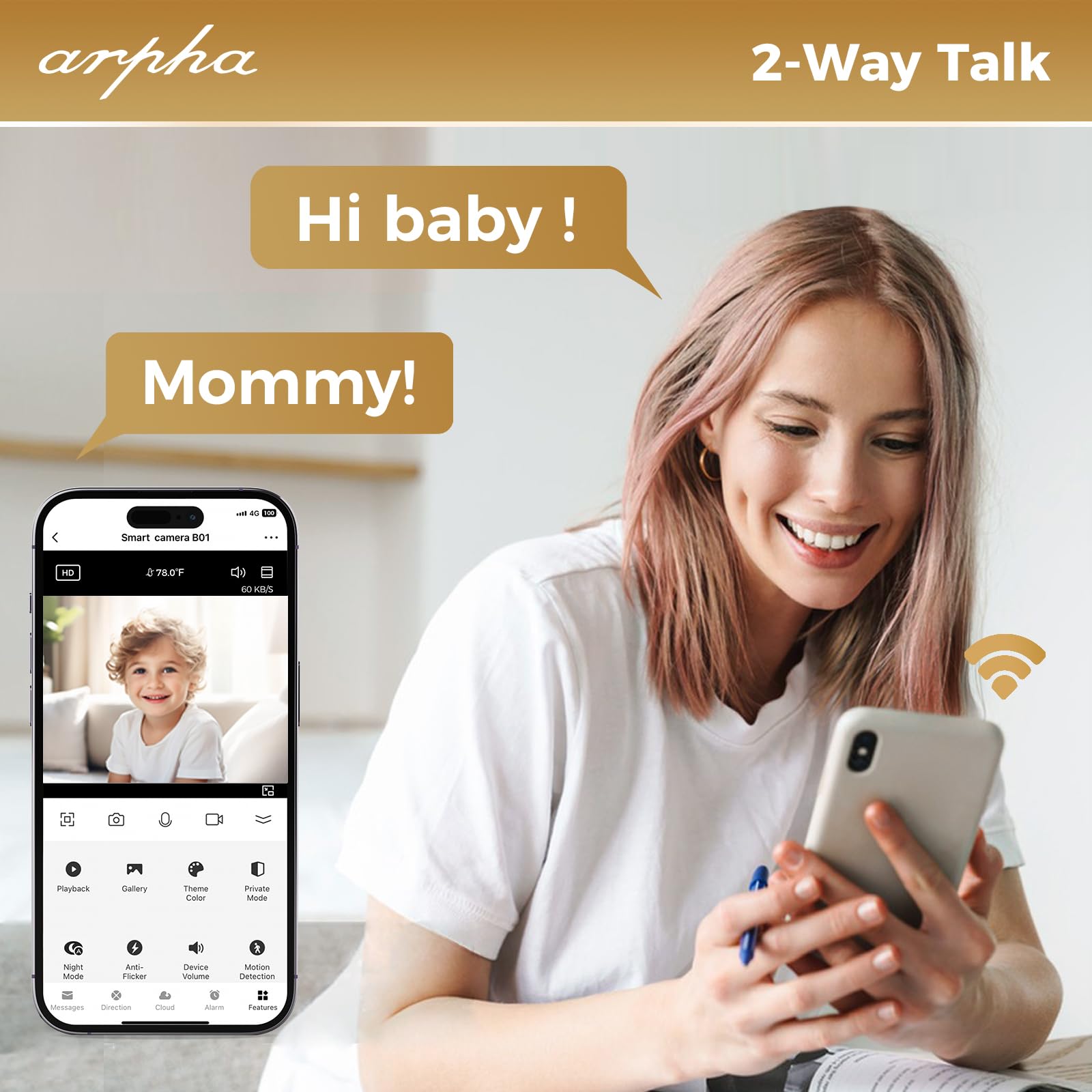 ARPHA Nanny-Cam 1080P Smart Baby Monitor | 355° Pan & Tilt | Temp Monitoring & One-Touch Call