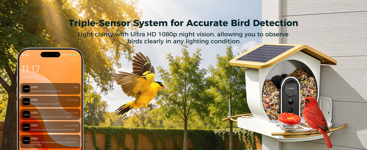 LNDU Aviary Smart Bird Feeder | Dual 1080P 50FPS Cameras | AI Bird Species Recognition & Solar Powered - AZDOME Official Stores