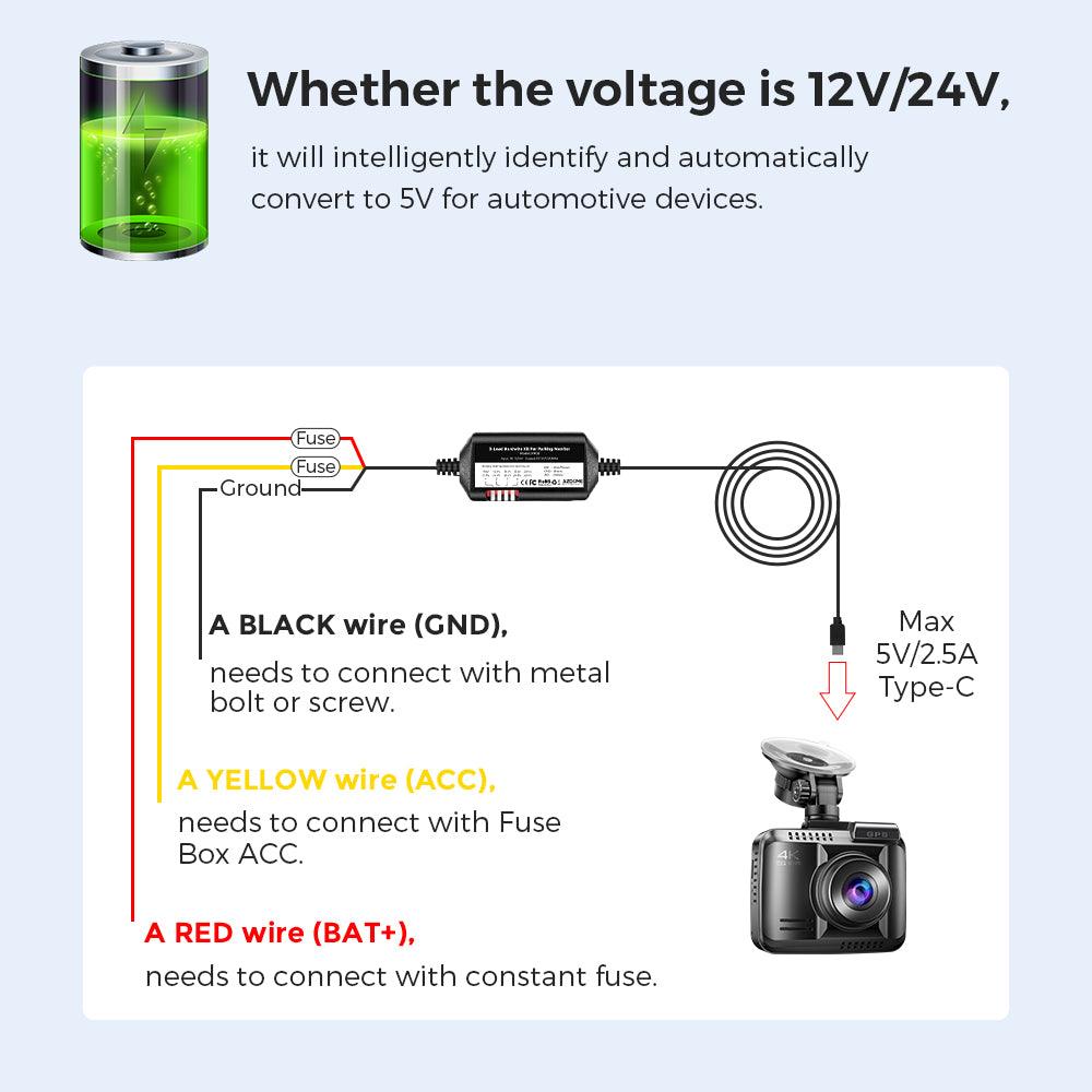 AZDOME JYX05 3 - Lead Hardwire Kit | Type - C | 24H Parking Mode & Battery Protection - AZDOME Official Stores